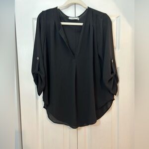 Lush Black Sheer Blouse V Neck Roll Tab Sleeve Flowy Top Sz L